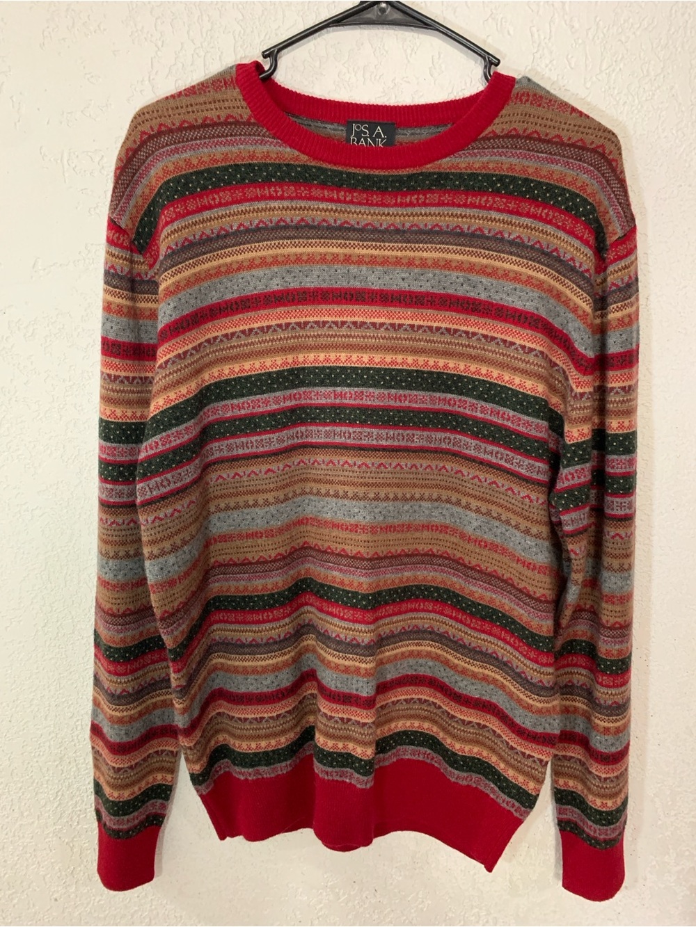 Jos. A. Bank Multicolor Striped Crewneck Sweater with Red Trim
